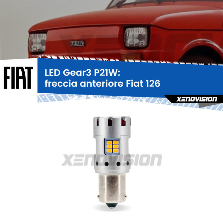<strong>Freccia Anteriore LED no-spie per Fiat 126</strong>  1972 - 2000. Lampada <strong>P21W</strong> modello Gear3 no Hyperflash, raffreddata a ventola.