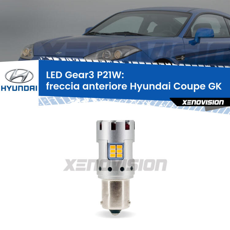 <strong>Freccia Anteriore LED no-spie per Hyundai Coupe</strong> GK prima serie. Lampada <strong>P21W</strong> modello Gear3 no Hyperflash, raffreddata a ventola.