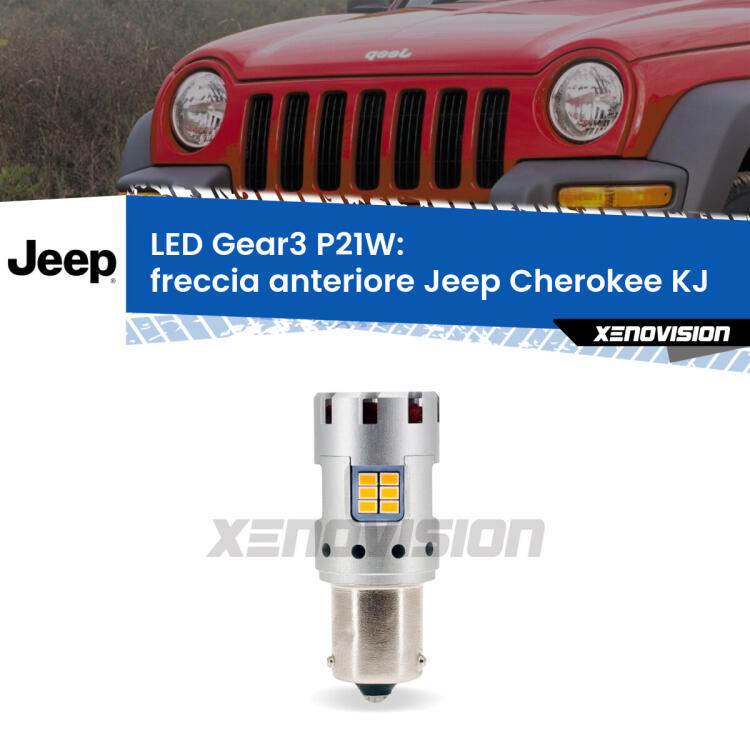<strong>Freccia Anteriore LED no-spie per Jeep Cherokee</strong> KJ 2002 - 2007. Lampada <strong>P21W</strong> modello Gear3 no Hyperflash, raffreddata a ventola.