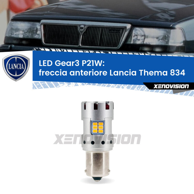 <strong>Freccia Anteriore LED no-spie per Lancia Thema</strong> 834 faro giallo. Lampada <strong>P21W</strong> modello Gear3 no Hyperflash, raffreddata a ventola.