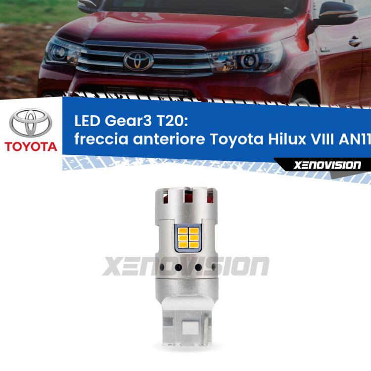 <strong>Freccia Anteriore LED no-spie per Toyota Hilux VIII</strong> AN110 restyling. Lampada <strong>T20</strong> modello Gear3 no Hyperflash, raffreddata a ventola.