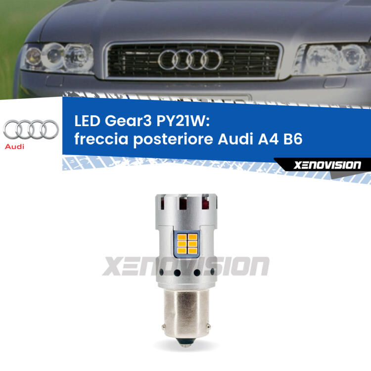 <strong>Freccia posteriore LED no-spie per Audi A4</strong> B6 2000 - 2004. Lampada <strong>PY21W</strong> modello Gear3 no Hyperflash, raffreddata a ventola.