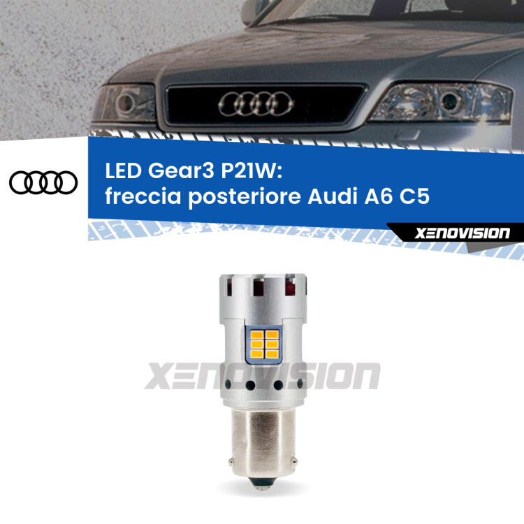 <strong>Freccia posteriore LED no-spie per Audi A6</strong> C5 1997 - 2004. Lampada <strong>P21W</strong> modello Gear3 no Hyperflash, raffreddata a ventola.