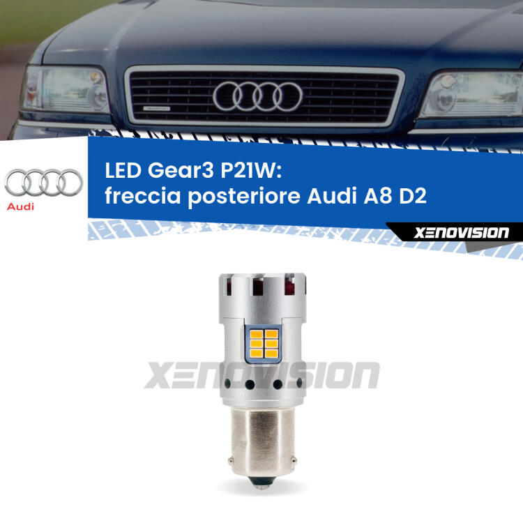 <strong>Freccia posteriore LED no-spie per Audi A8</strong> D2 1994 - 2002. Lampada <strong>P21W</strong> modello Gear3 no Hyperflash, raffreddata a ventola.
