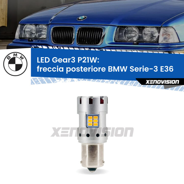 <strong>Freccia posteriore LED no-spie per BMW Serie-3</strong> E36 faro giallo. Lampada <strong>P21W</strong> modello Gear3 no Hyperflash, raffreddata a ventola.