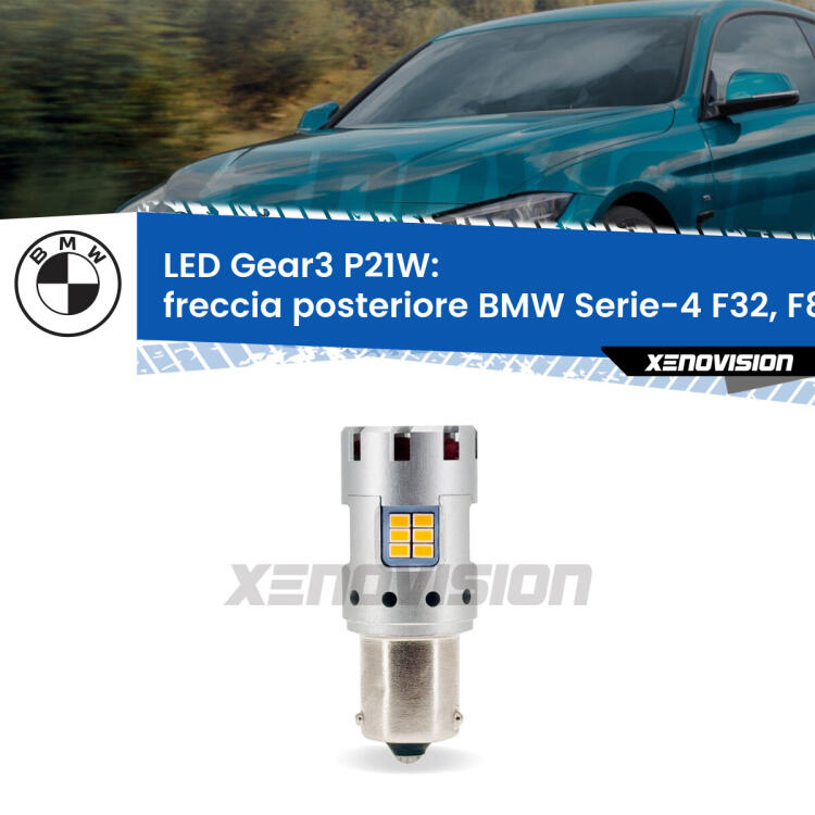 <strong>Freccia posteriore LED no-spie per BMW Serie-4</strong> F32, F82 2013 - 2017. Lampada <strong>P21W</strong> modello Gear3 no Hyperflash, raffreddata a ventola.