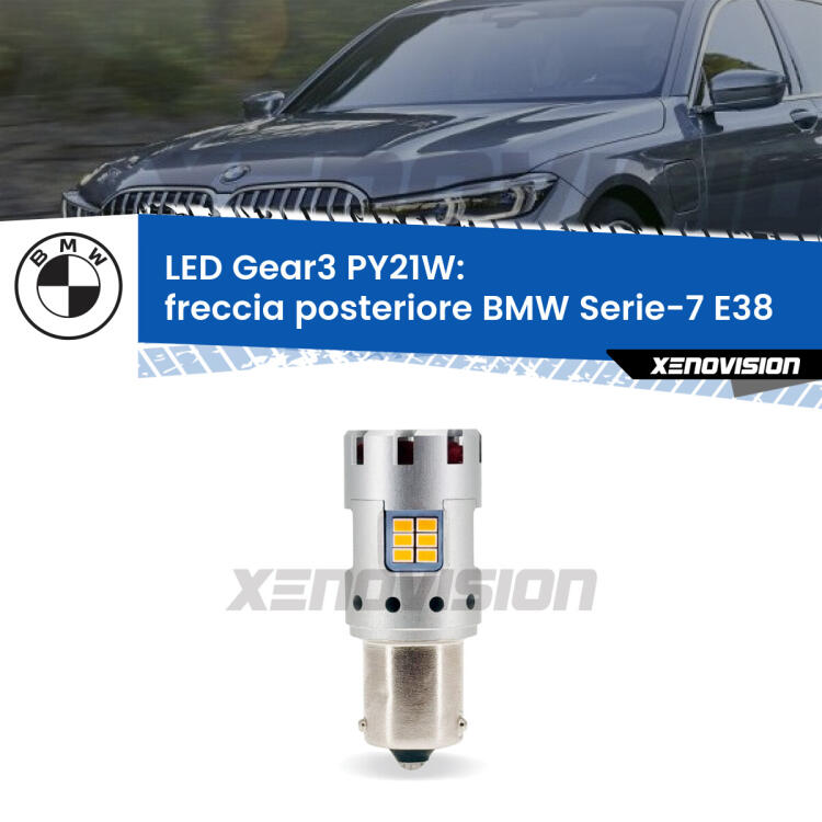 <strong>Freccia posteriore LED no-spie per BMW Serie-7</strong> E38 faro bianco. Lampada <strong>PY21W</strong> modello Gear3 no Hyperflash, raffreddata a ventola.