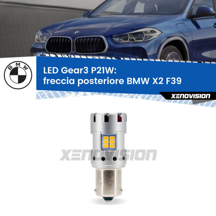 <strong>Freccia posteriore LED no-spie per BMW X2</strong> F39 2017 in poi. Lampada <strong>P21W</strong> modello Gear3 no Hyperflash, raffreddata a ventola.