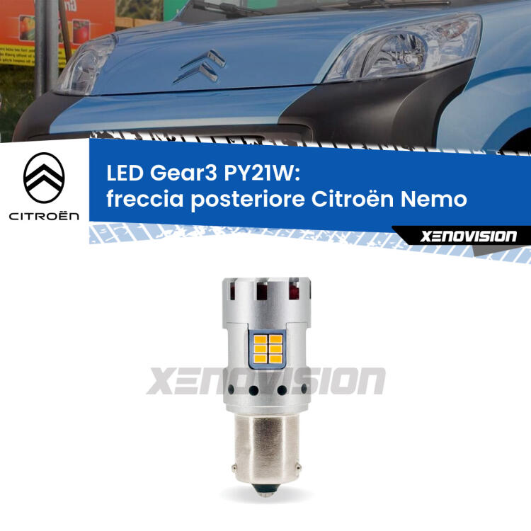 <strong>Freccia posteriore LED no-spie per Citroën Nemo</strong>  2008 in poi. Lampada <strong>PY21W</strong> modello Gear3 no Hyperflash, raffreddata a ventola.