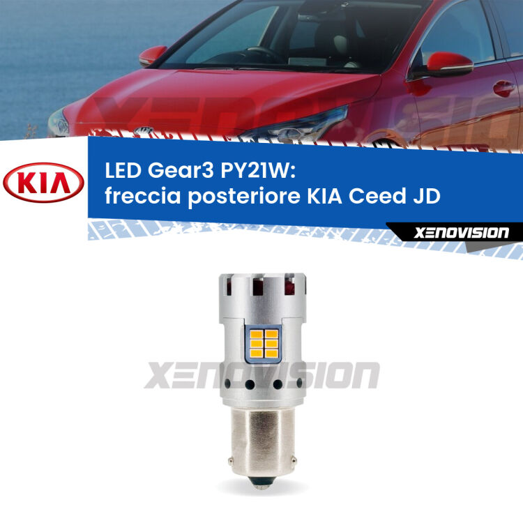 <strong>Freccia posteriore LED no-spie per KIA Ceed</strong> JD 2012 - 2017. Lampada <strong>PY21W</strong> modello Gear3 no Hyperflash, raffreddata a ventola.