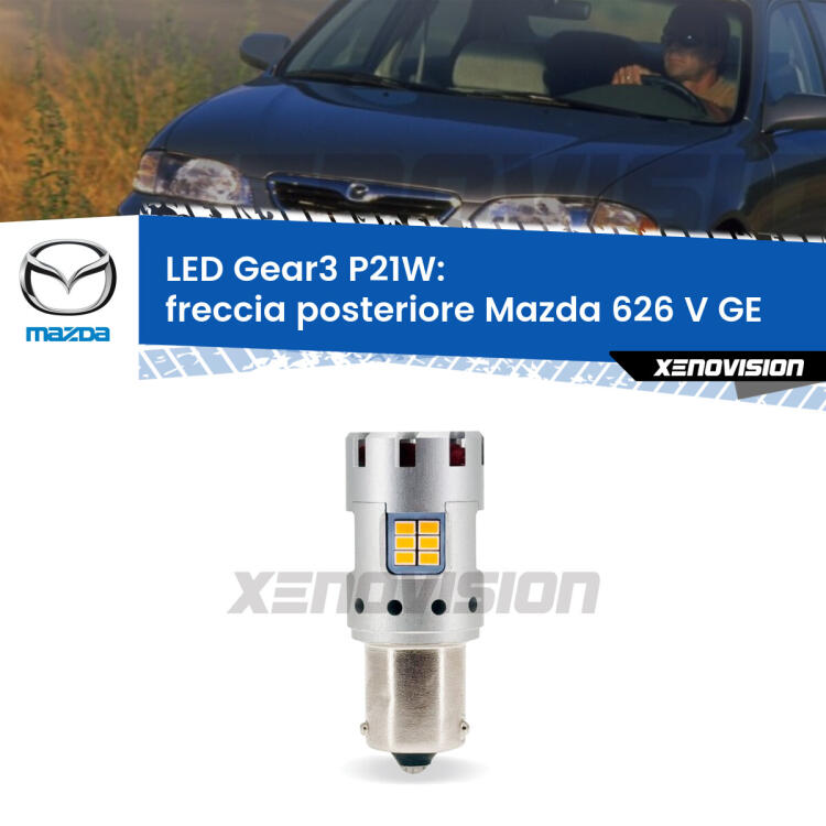 <strong>Freccia posteriore LED no-spie per Mazda 626 V</strong> GE 1992 - 1997. Lampada <strong>P21W</strong> modello Gear3 no Hyperflash, raffreddata a ventola.