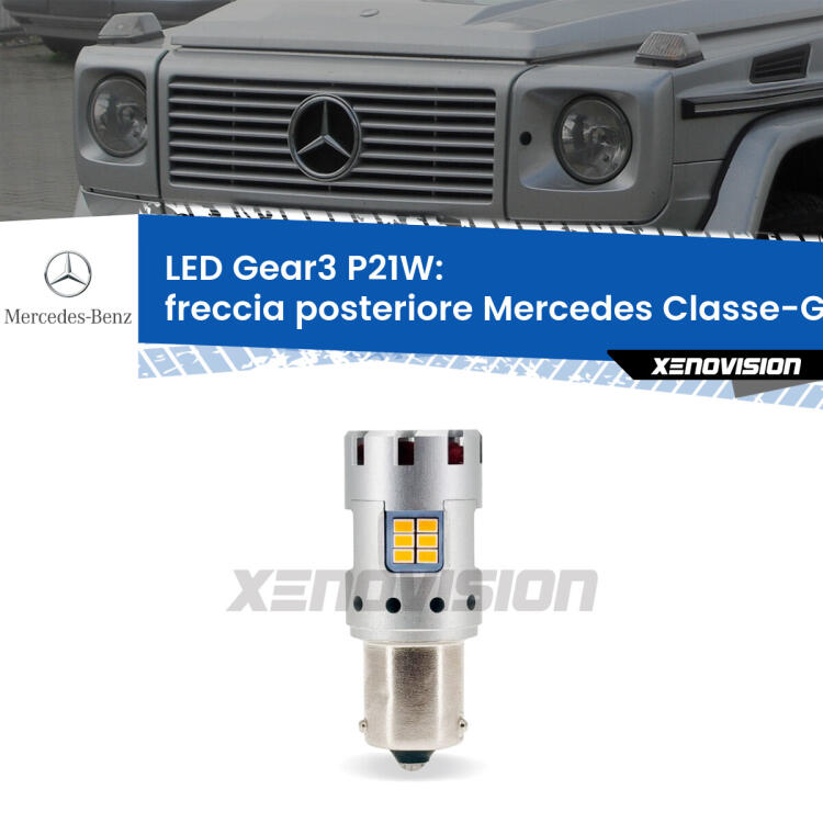 <strong>Freccia posteriore LED no-spie per Mercedes Classe-G</strong> W463 faro giallo. Lampada <strong>P21W</strong> modello Gear3 no Hyperflash, raffreddata a ventola.