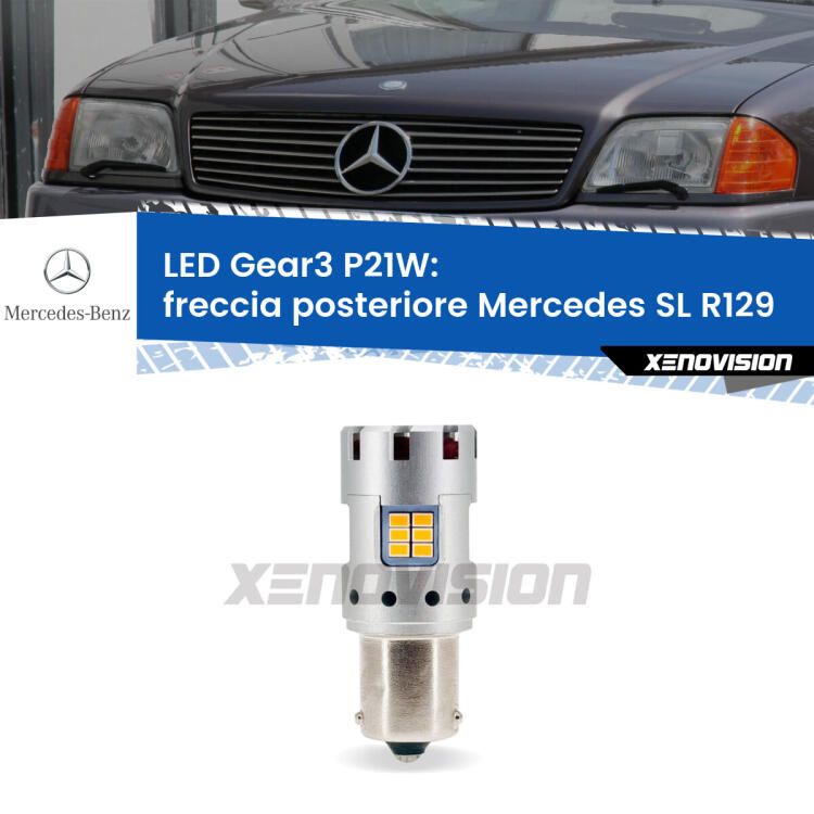 <strong>Freccia posteriore LED no-spie per Mercedes SL</strong> R129 faro giallo. Lampada <strong>P21W</strong> modello Gear3 no Hyperflash, raffreddata a ventola.