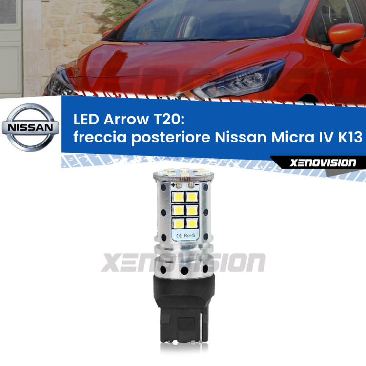 <strong>Freccia posteriore LED no-spie per Nissan Micra IV</strong> K13 2013 - 2015. Lampada <strong>T20</strong> no Hyperflash modello Arrow.