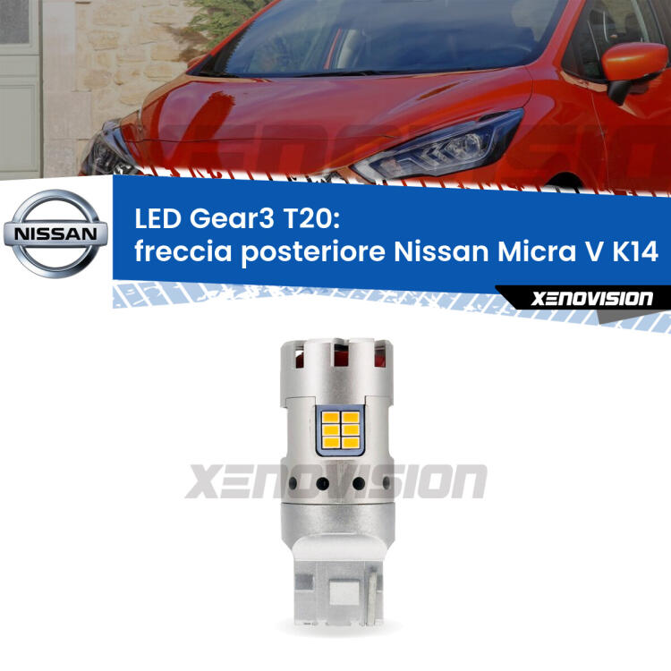 <strong>Freccia posteriore LED no-spie per Nissan Micra V</strong> K14 2016 in poi. Lampada <strong>T20</strong> modello Gear3 no Hyperflash, raffreddata a ventola.