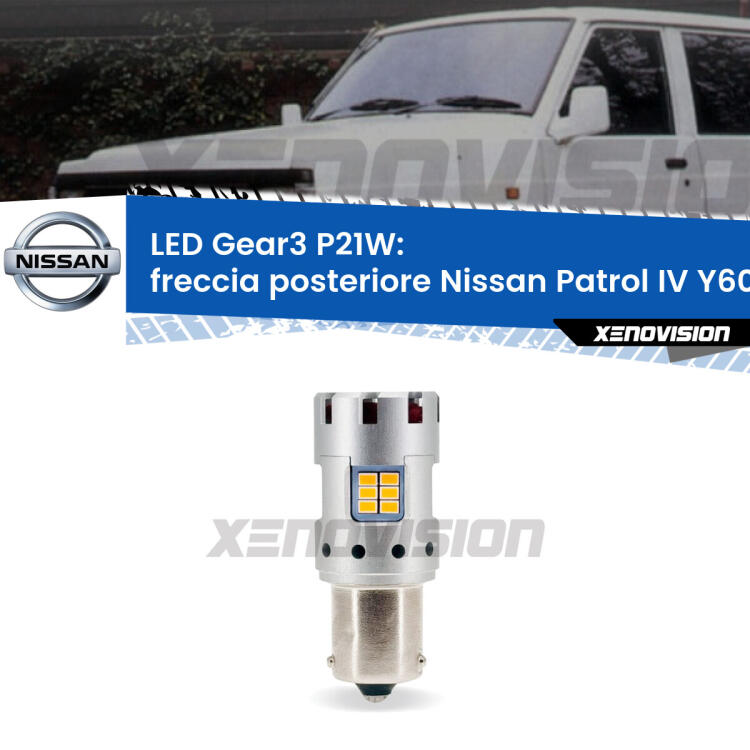 <strong>Freccia posteriore LED no-spie per Nissan Patrol IV</strong> Y60 1988 - 1997. Lampada <strong>P21W</strong> modello Gear3 no Hyperflash, raffreddata a ventola.