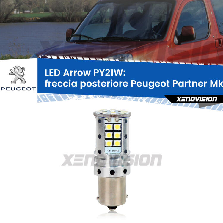 <strong>Freccia posteriore LED no-spie per Peugeot Partner</strong> Mk1 1996 - 2007. Lampada <strong>PY21W</strong> modello top di gamma Arrow.