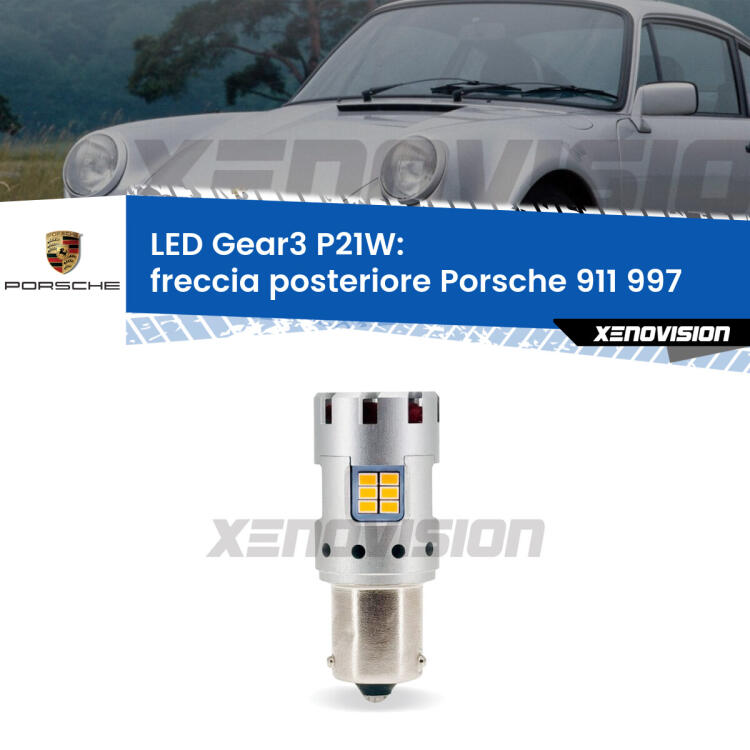 <strong>Freccia posteriore LED no-spie per Porsche 911</strong> 997 faro giallo. Lampada <strong>P21W</strong> modello Gear3 no Hyperflash, raffreddata a ventola.