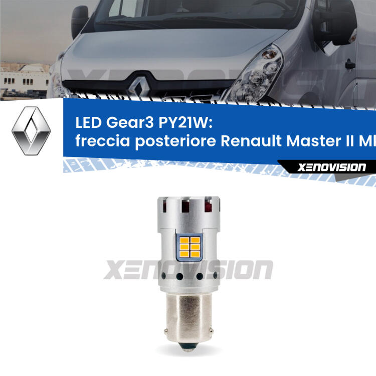 <strong>Freccia posteriore LED no-spie per Renault Master II</strong> Mk2 faro bianco. Lampada <strong>PY21W</strong> modello Gear3 no Hyperflash, raffreddata a ventola.