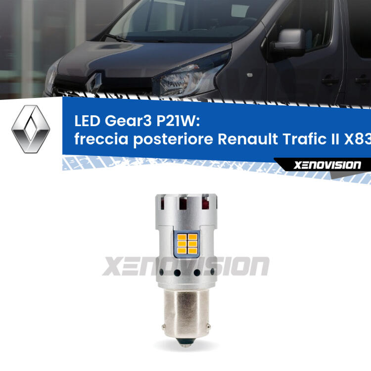 <strong>Freccia posteriore LED no-spie per Renault Trafic II</strong> X83 2001 - 2013. Lampada <strong>P21W</strong> modello Gear3 no Hyperflash, raffreddata a ventola.