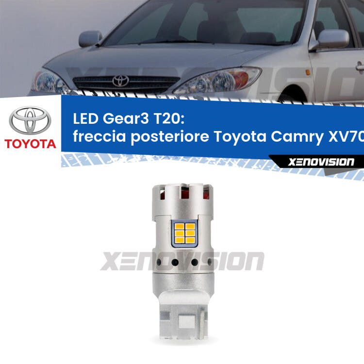 <strong>Freccia posteriore LED no-spie per Toyota Camry</strong> XV70 2017 in poi. Lampada <strong>T20</strong> modello Gear3 no Hyperflash, raffreddata a ventola.