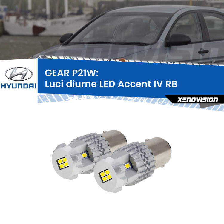 <strong>LED </strong><strong>Luci diurne Hyundai Accent IV (RB) 2010 in poi</strong> . Due lampade LED P21W effetto Stealth, ottima resa in ogni direzione, Qualità Massima.
