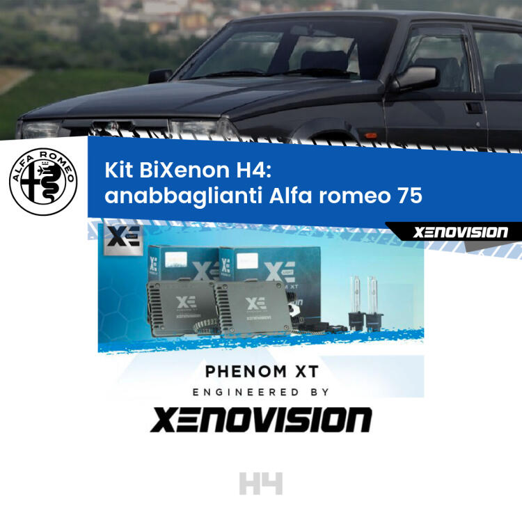 Kit Bixenon professionale H4 per Alfa romeo 75  (1985 - 1992). Taglio di luce perfetto, zero spie e riverberi. Leggendaria elettronica Canbus Xenovision. Qualità Massima Garantita.