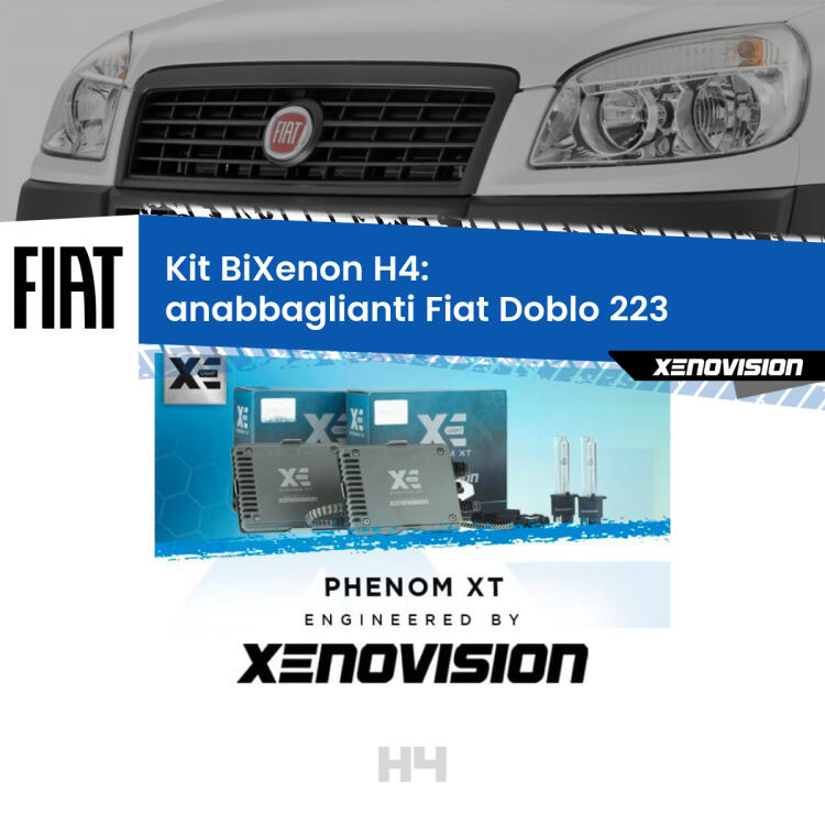 Kit Bixenon professionale H4 per Fiat Doblo 223 (2000 - 2010). Taglio di luce perfetto, zero spie e riverberi. Leggendaria elettronica Canbus Xenovision. Qualità Massima Garantita.