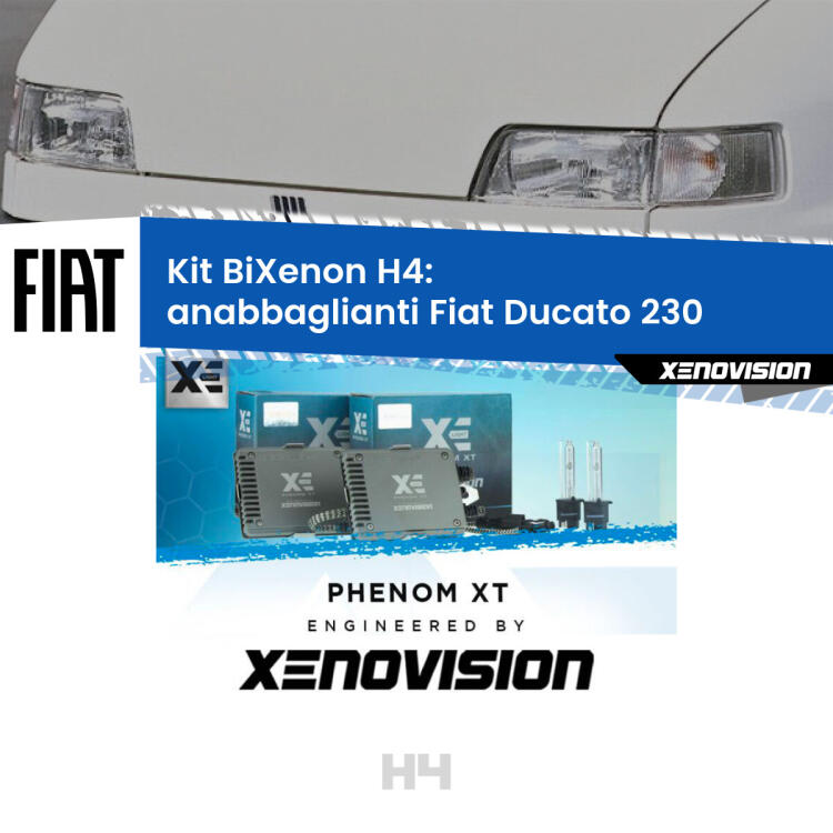Kit Bixenon professionale H4 per Fiat Ducato 230 (1994 - 2002). Taglio di luce perfetto, zero spie e riverberi. Leggendaria elettronica Canbus Xenovision. Qualità Massima Garantita.