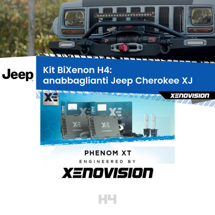 Kit Bixenon professionale H4 per Jeep Cherokee XJ (1984 - 2001). Taglio di luce perfetto, zero spie e riverberi. Leggendaria elettronica Canbus Xenovision. Qualità Massima Garantita.