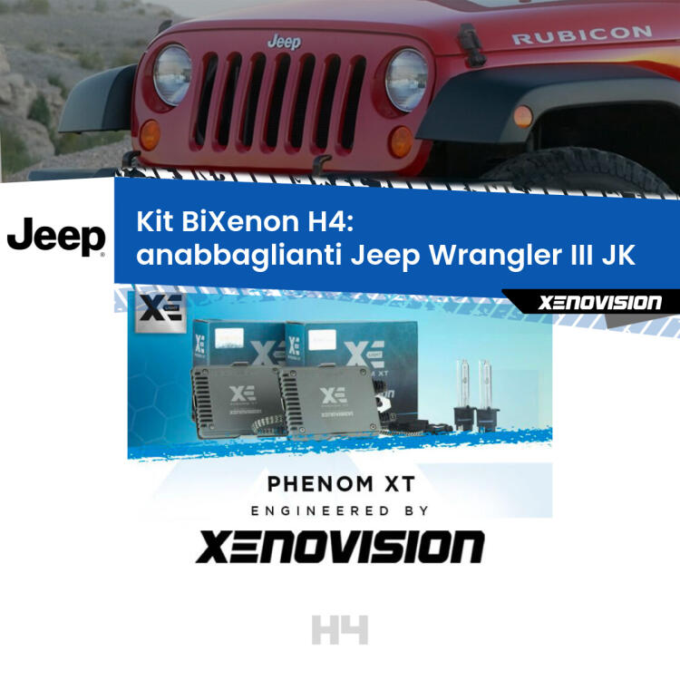Kit Bixenon professionale H4 per Jeep Wrangler III JK (2006 - 2016). Taglio di luce perfetto, zero spie e riverberi. Leggendaria elettronica Canbus Xenovision. Qualità Massima Garantita.