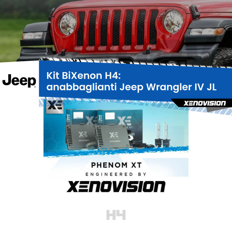 Kit Bixenon professionale H4 per Jeep Wrangler IV JL (2017 in poi). Taglio di luce perfetto, zero spie e riverberi. Leggendaria elettronica Canbus Xenovision. Qualità Massima Garantita.