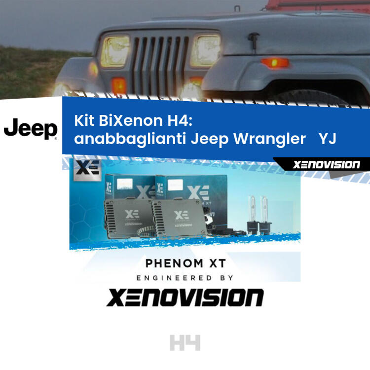 Kit Bixenon professionale H4 per Jeep Wrangler   YJ (1986 - 1995). Taglio di luce perfetto, zero spie e riverberi. Leggendaria elettronica Canbus Xenovision. Qualità Massima Garantita.