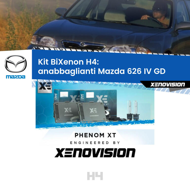 Kit Bixenon professionale H4 per Mazda 626 IV GD (1987 - 1992). Taglio di luce perfetto, zero spie e riverberi. Leggendaria elettronica Canbus Xenovision. Qualità Massima Garantita.