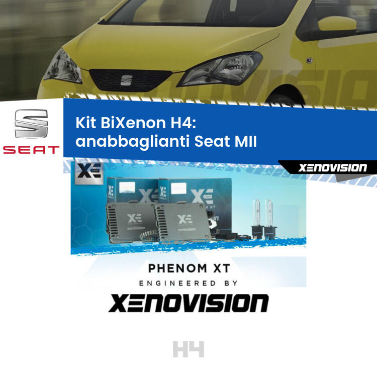 Kit Bixenon professionale H4 per Seat MII  (2011 - 2021). Taglio di luce perfetto, zero spie e riverberi. Leggendaria elettronica Canbus Xenovision. Qualità Massima Garantita.