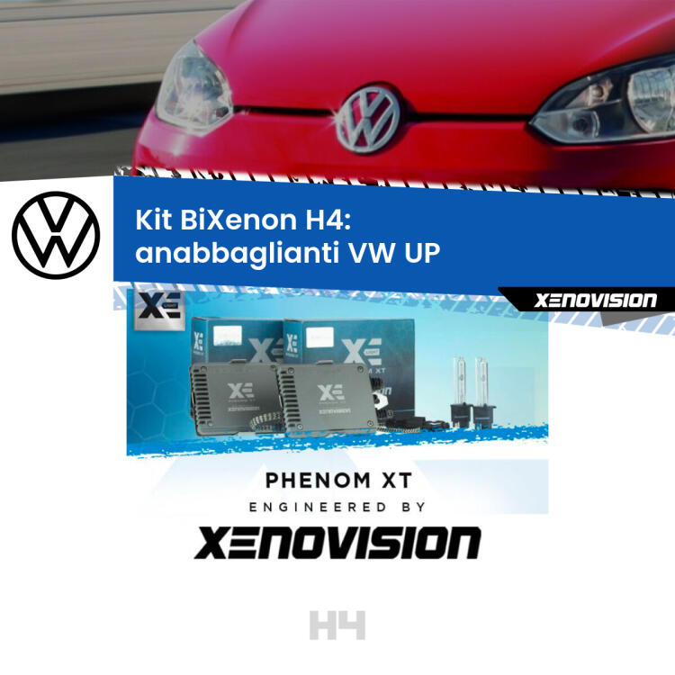 Kit Bixenon professionale H4 per VW UP  (2011 in poi). Taglio di luce perfetto, zero spie e riverberi. Leggendaria elettronica Canbus Xenovision. Qualità Massima Garantita.