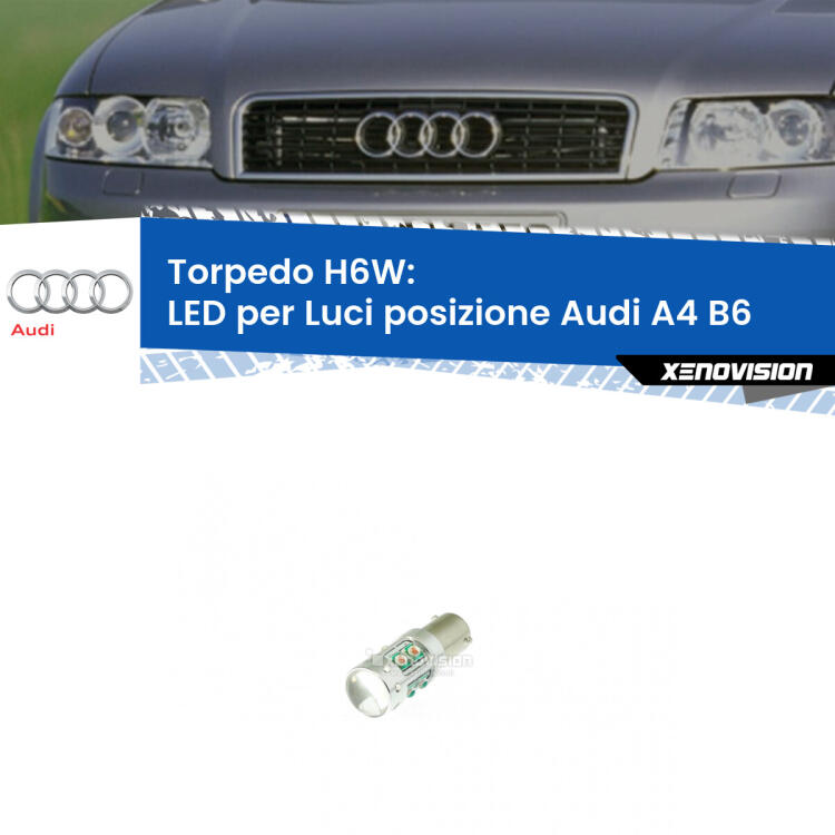Lampadina LED H6W per <strong>luci posizione Audi A4 B6</strong> (modelli 2000-2004) con 10 chip Led CREE da 5W ciascuno. lluminazione poderosa a 360 gradi, luminosità incredibile. Qualità Massima Garantita.