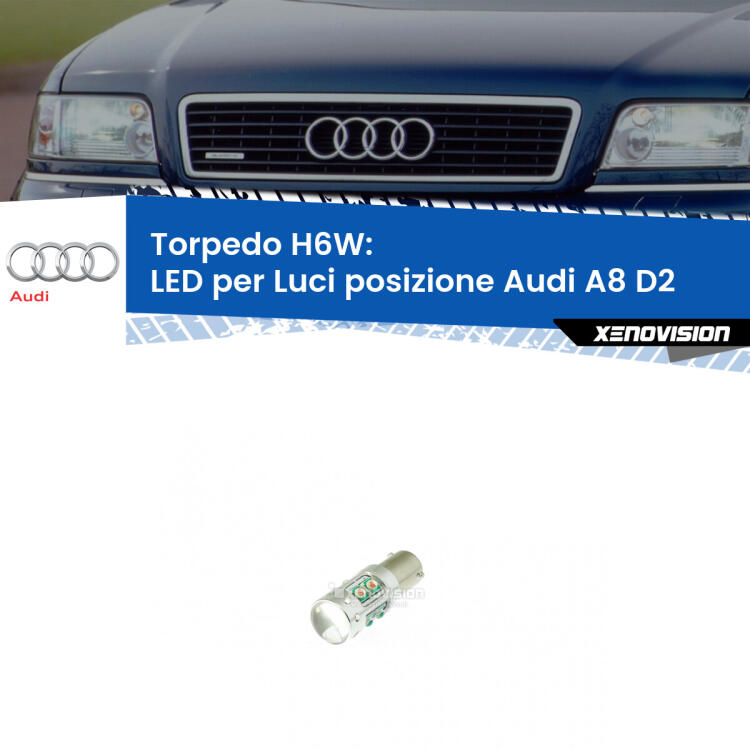 Lampadina LED H6W per <strong>luci posizione Audi A8 D2</strong> (modelli 1999-2002) con 10 chip Led CREE da 5W ciascuno. lluminazione poderosa a 360 gradi, luminosità incredibile. Qualità Massima Garantita.