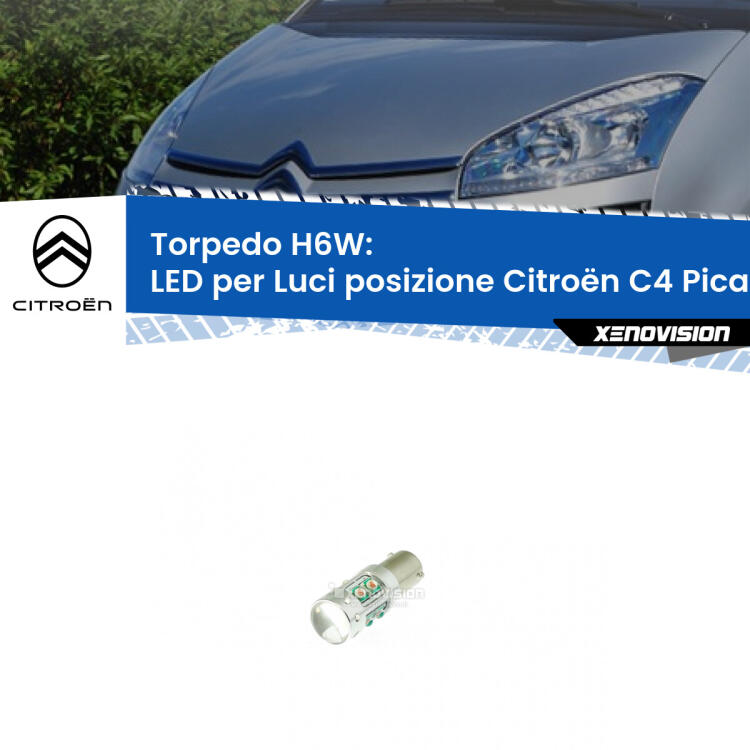 Lampadina LED H6W per <strong>luci posizione Citroën C4 Picasso </strong> (modelli 2006-2013) con 10 chip Led CREE da 5W ciascuno. lluminazione poderosa a 360 gradi, luminosità incredibile. Qualità Massima Garantita.