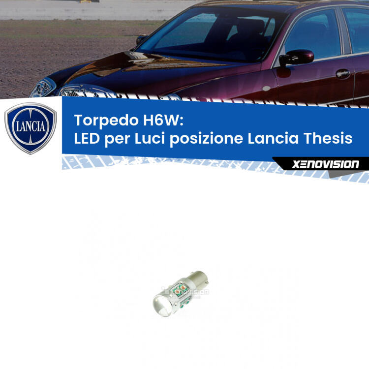 Lampadina LED H6W per <strong>luci posizione Lancia Thesis </strong> (modelli 2002-2009) con 10 chip Led CREE da 5W ciascuno. lluminazione poderosa a 360 gradi, luminosità incredibile. Qualità Massima Garantita.