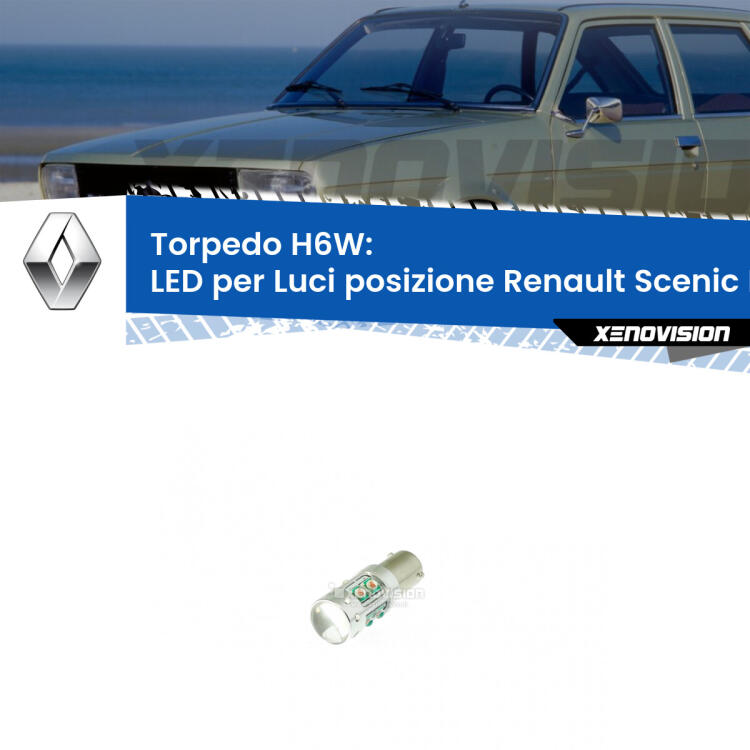 Lampadina LED H6W per <strong>luci posizione Renault Scenic I Mk1</strong> (modelli 2005-2002) con 10 chip Led CREE da 5W ciascuno. lluminazione poderosa a 360 gradi, luminosità incredibile. Qualità Massima Garantita.