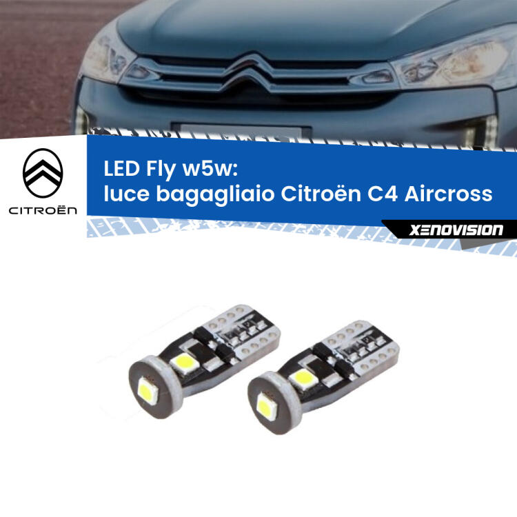 <strong>luce bagagliaio LED per Citroën C4 Aircross</strong>  2010 - 2018. Coppia lampadine <strong>w5w</strong> Canbus compatte modello Fly Xenovision.