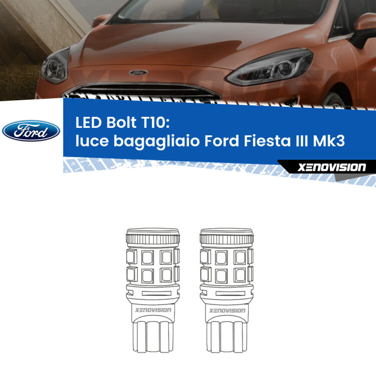 <strong>Luce Bagagliaio LED per Ford Fiesta</strong> Mk3 1989 - 1995. Coppia lampade <strong>T10</strong> modello Bolt canbus.