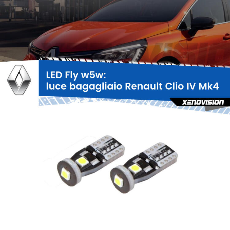 <strong>luce bagagliaio LED per Renault Clio IV</strong>  2012 - 2018. Coppia lampadine <strong>w5w</strong> Canbus compatte modello Fly Xenovision.