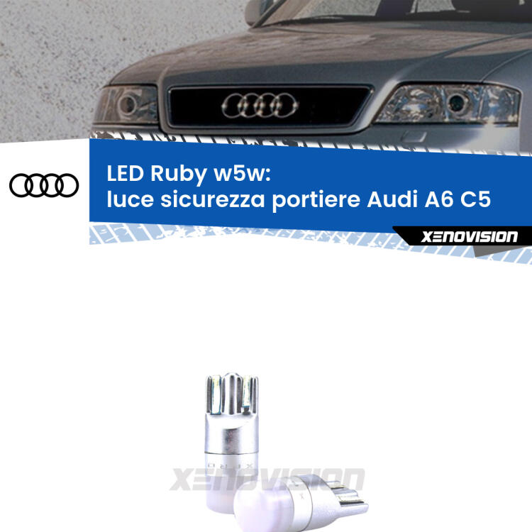 <strong>Luce Sicurezza Portiere LED per Audi A6</strong> C5 1997 - 2004: coppia led T10 a illuminazione Rossa a 360 gradi. Si inseriscono ovunque. Canbus, Top Quality.