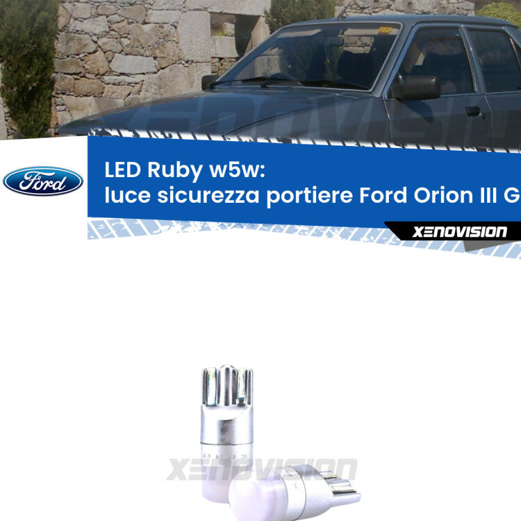 <strong>Luce Sicurezza Portiere LED per Ford Orion III</strong> GAL 1990 - 1993: coppia led T10 a illuminazione Rossa a 360 gradi. Si inseriscono ovunque. Canbus, Top Quality.