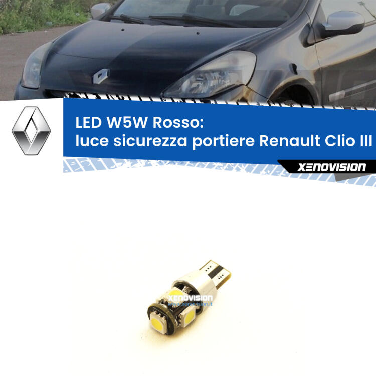 <strong>Luce Sicurezza Portiere LED rossa per Renault Clio III</strong>  2005 - 2011. Lampada <strong>W5W</strong> canbus.