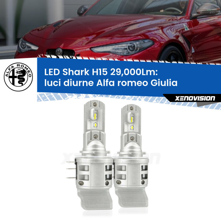 <strong>Kit luci diurne LED per Alfa romeo Giulia</strong>  2015 in poi. Lampade <strong>H15</strong> doppia funzione (diurne + abbaglianti) Canbus modello Shark Xenovision.