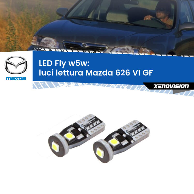 <strong>luci lettura LED per Mazda 626 VI</strong> GF 1997 - 2002. Coppia lampadine <strong>w5w</strong> Canbus compatte modello Fly Xenovision.
