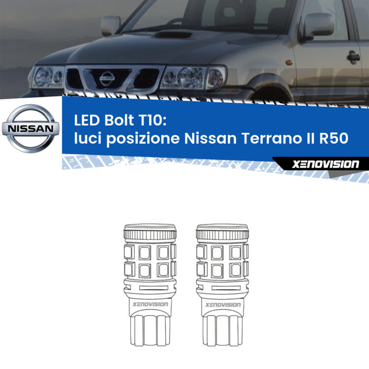 <strong>Luci posizione LED per Nissan Terrano II</strong> R50 1997-2004. Coppia lampade <strong>T10</strong> modello Bolt canbus.
